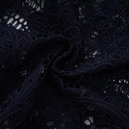 Lesly Floral Midi Dress in Dark Blue & White Crochet Lace Detailing Classic Collar Floral Appliqué Belted Waist Scalloped Hem Openwork Design Gold-tone Buttons Flap Pockets Embossed Luxury Front Press-stud Fastening Internal Slip Dress Calf-length 100% Terylene Fiber