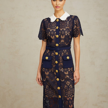 Lesly Floral Midi Dress in Dark Blue & White