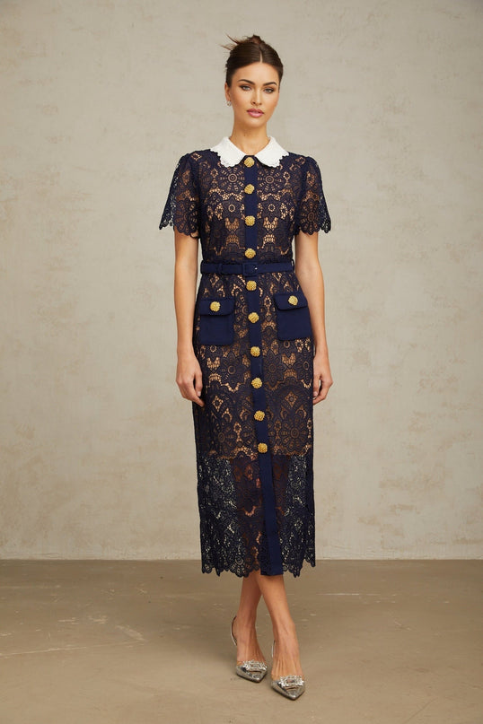 Lesly Floral Midi Dress Dark Blue & White Crochet Lace Belted Waist Scalloped Hem Gold Buttons