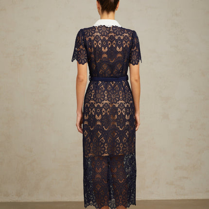 Lesly Floral Midi Dress in Dark Blue & White