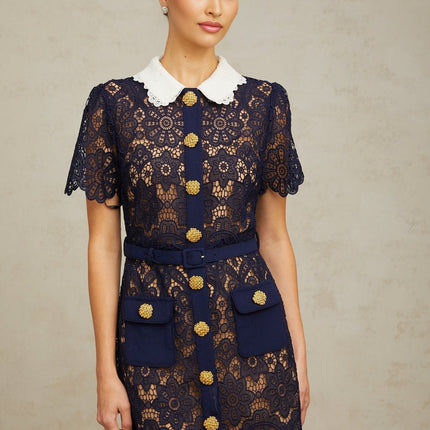 Lesly Floral Midi Dress in Dark Blue & White
