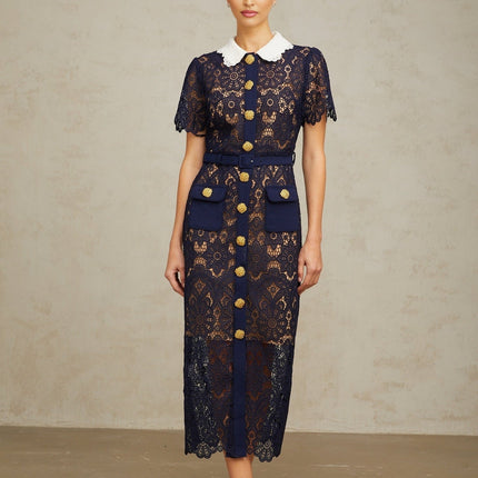 Lesly Floral Midi Dress Dark Blue & White