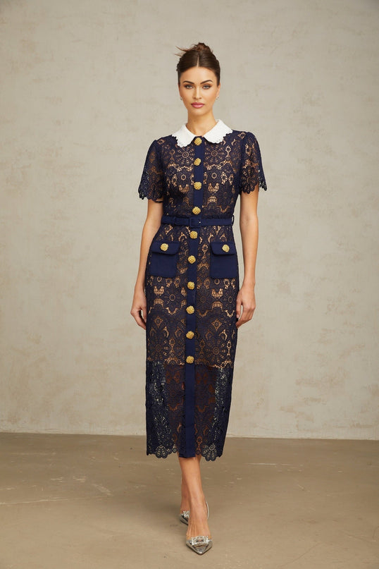 Lesly Floral Midi Dress Dark Blue & White