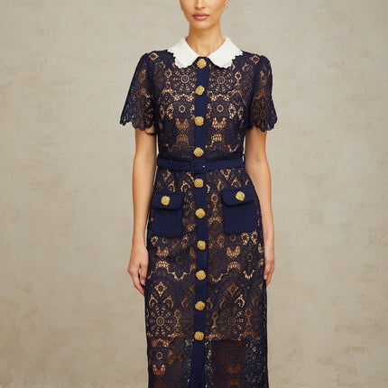 Lesly Floral Midi Dress Dark Blue & White Crochet Lace Detailing Classic Collar Floral Appliqué Belted Waist Scalloped Hem Openwork Design Gold-Tone Buttons Flap Pockets Press-Stud Fastening Internal Slip Dress Calf-Length 100% Terylene Fiber