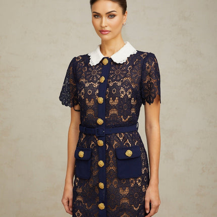 Lesly Floral Midi Dress in Dark Blue & White Crochet Lace Detailing Classic Collar Floral Appliqué Belted Waist Scalloped Hem Embossed Gold-Tone Buttons Flap Pockets