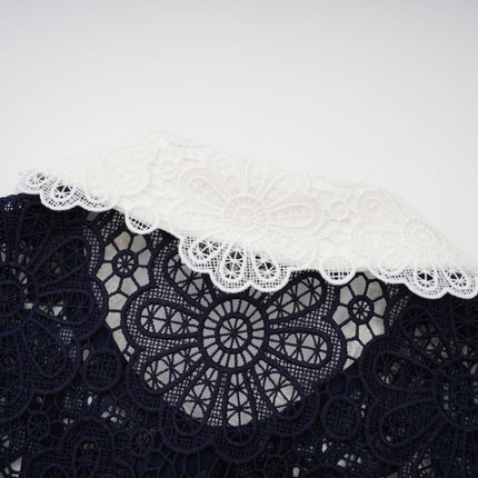 Lesly Floral Midi Dress Dark Blue & White Crochet Lace Collar Floral Appliqué Belted Waist Scalloped Hem Gold-tone Buttons Flap Pockets Terylene Fiber