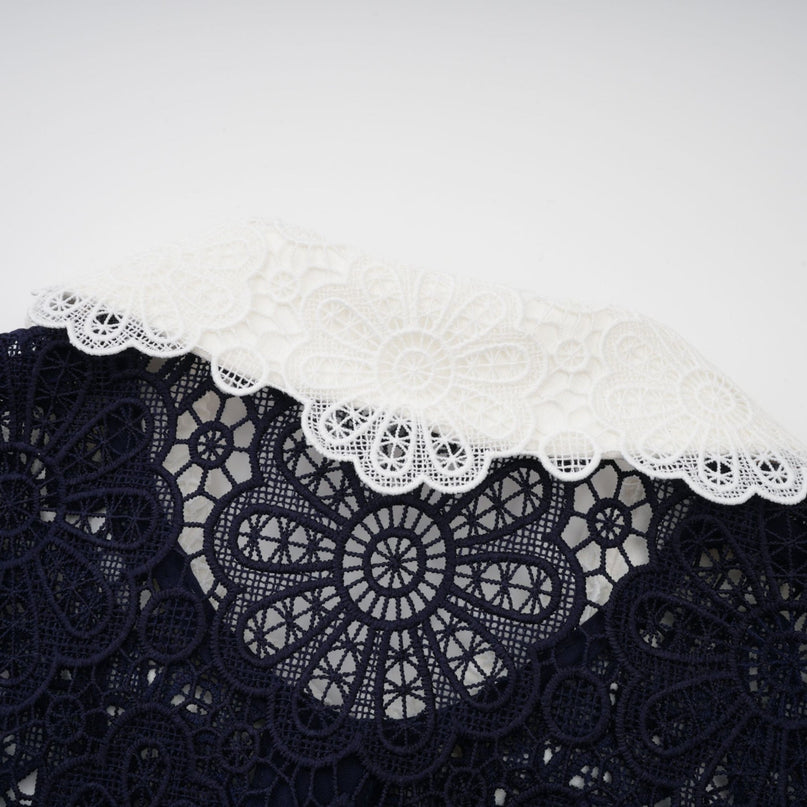 Lesly Floral Midi Dress Dark Blue & White Crochet Lace Collar Floral Appliqué Belted Waist Scalloped Hem Gold-tone Buttons Flap Pockets Terylene Fiber