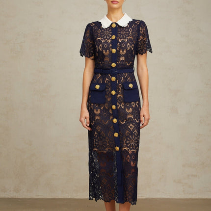 Lesly Floral Midi Dress Dark Blue & White Crochet Lace Belted Waist Scalloped Hem Gold Buttons