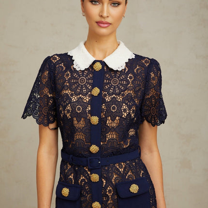 Lesly Floral Midi Dress Dark Blue & White