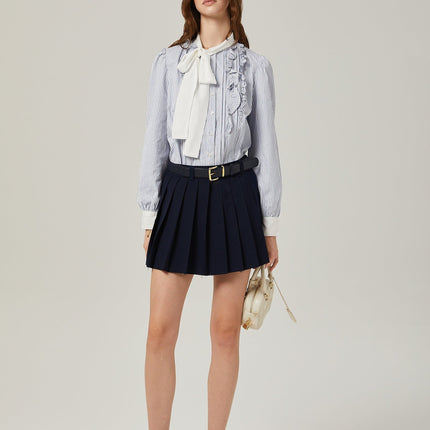 Lesly Navy Blue A-Line Embroidered Pleated Mini Skirt
