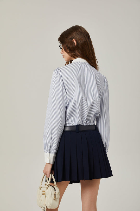 Lesly Navy Blue A-Line Embroidered Pleated Mini Skirt