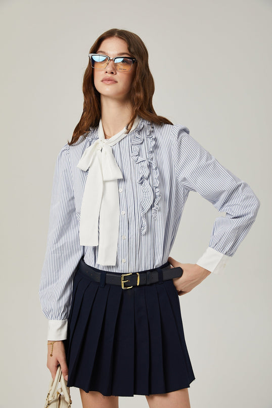 Lesly Navy Blue A-Line Embroidered Pleated Skirt