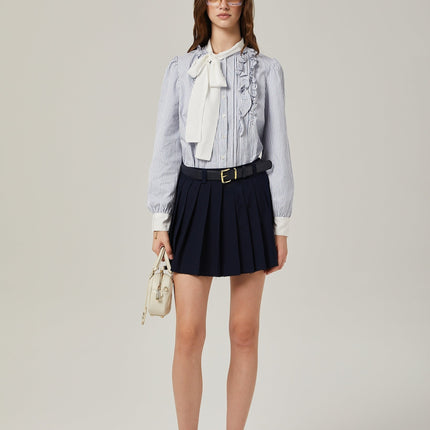Lesly Navy Blue A-Line Embroidered Pleated Skirt