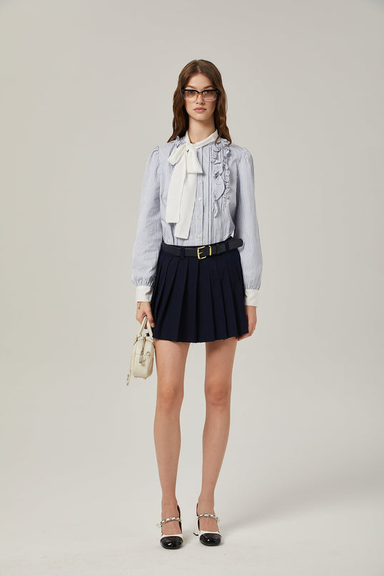 Lesly Navy Blue A-Line Embroidered Pleated Skirt