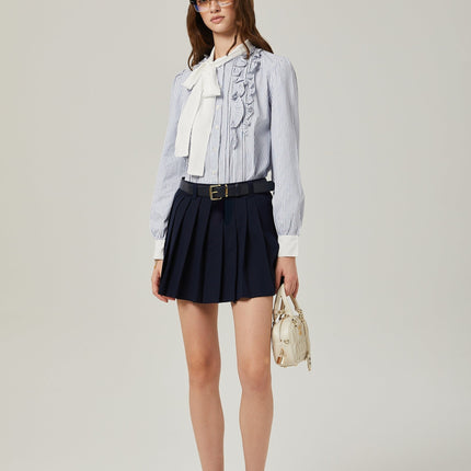 Lesly Navy Blue A-Line Embroidered Pleated Skirt