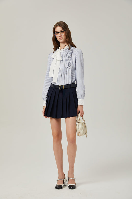 Lesly Navy Blue A-Line Embroidered Pleated Skirt