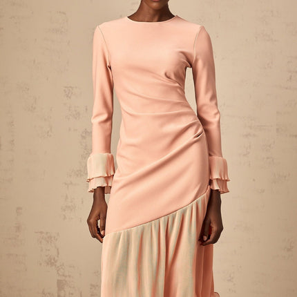Lesly Pink Midi Dress with Ruffled Trim and Ruched Detailing