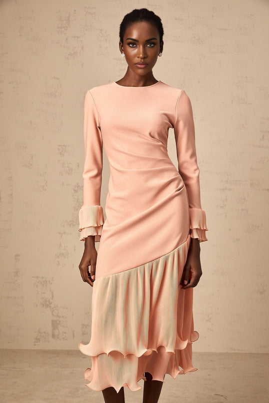 Lesly Pink Midi Dress with Ruffled Trim and Ruched Detailing