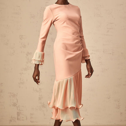 Lesly Pink Midi Dress with Ruched Detailing and Panelled Design