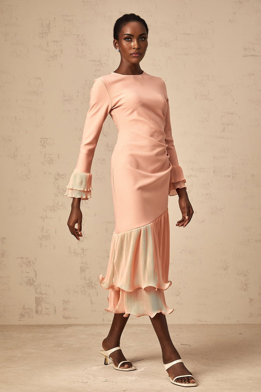 Lesly Pink Midi Dress with Ruched Detailing and Panelled Design