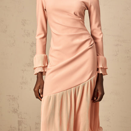 Lesly Pink Ruched Midi Dress with Ruffled Trim and Cinched Waist