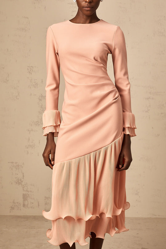 Lesly Pink Ruched Midi Dress with Ruffled Trim and Cinched Waist
