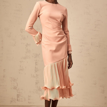 Lesly Pink Ruched Midi Dress with Ruffled Trim and Panelled Design