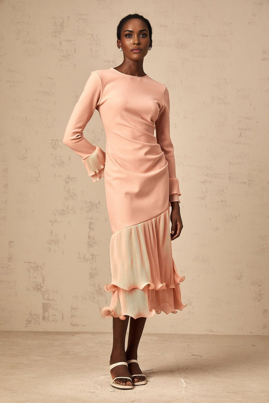 Lesly Pink Ruched Midi Dress with Ruffled Trim and Panelled Design