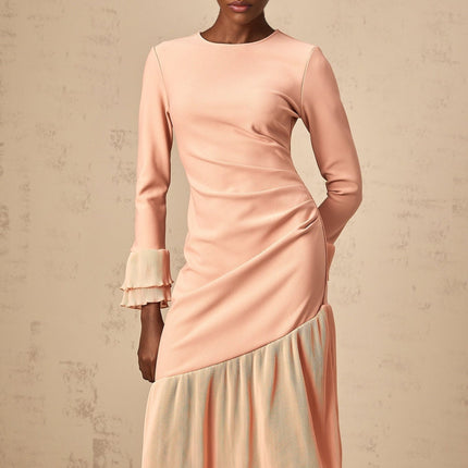 Lesly Pink Ruched Midi Dress with Ruffled Trim and Panelled Design