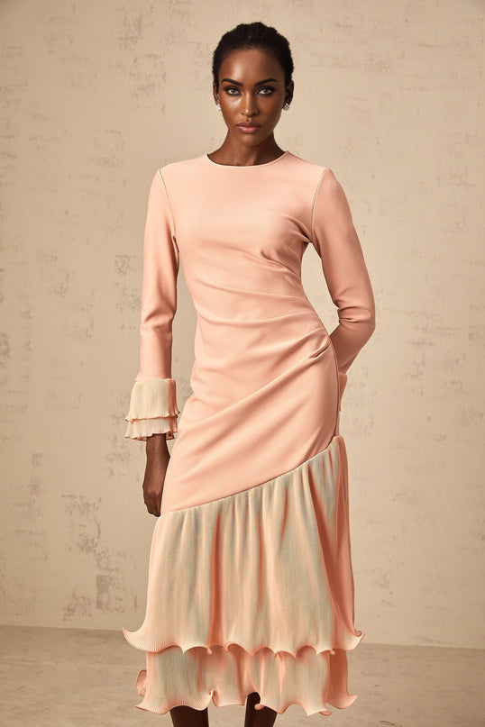 Lesly Pink Ruched Midi Dress with Ruffled Trim and Panelled Design