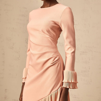 Lesly Pink Ruched Midi Dress with Ruffled Trim and Panelled Design