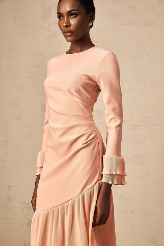 Lesly Pink Ruched Midi Dress with Ruffled Trim and Panelled Design