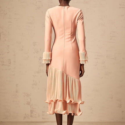 Lesly Pink Ruched Midi Dress with Long Sleeves and Cinched Waist