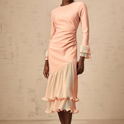 Lesly Pink Ruched Midi Dress with Ruffled Trim and Panelled Design