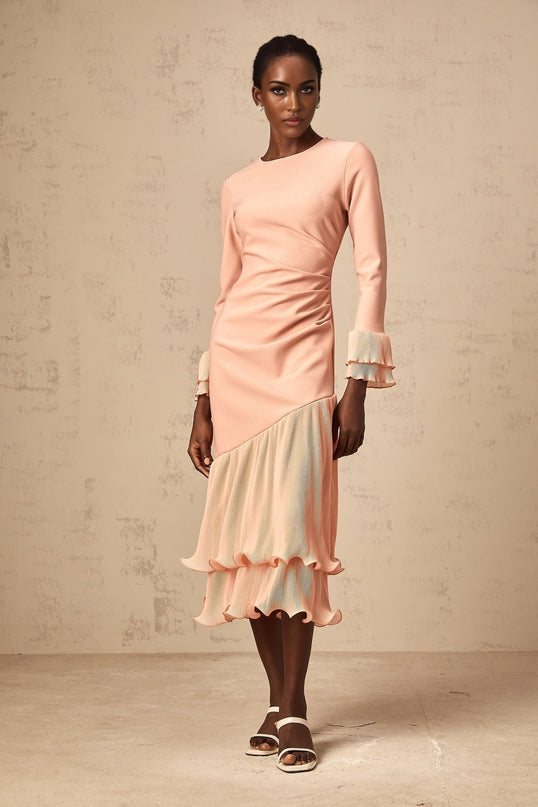 Lesly Pink Ruched Midi Dress with Ruffled Trim and Panelled Design