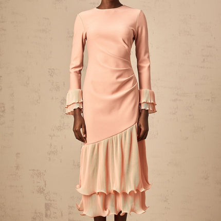 Lesly Pink Ruffled Trim Midi Dress