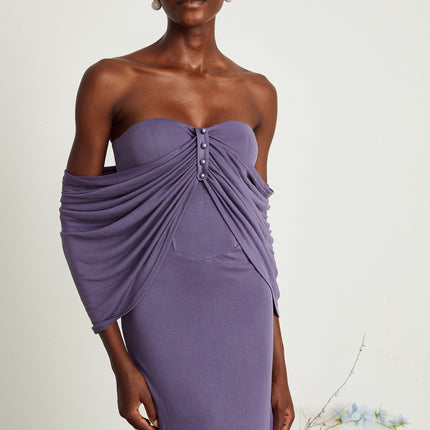 Letizia Purple Off-Shoulder Ruched Midi Dress with Button Accents and Zip Fastening