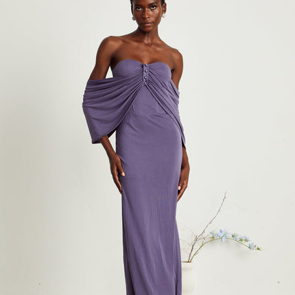 Letizia Purple Off-Shoulder Midi Dress with Ruched Embellishments