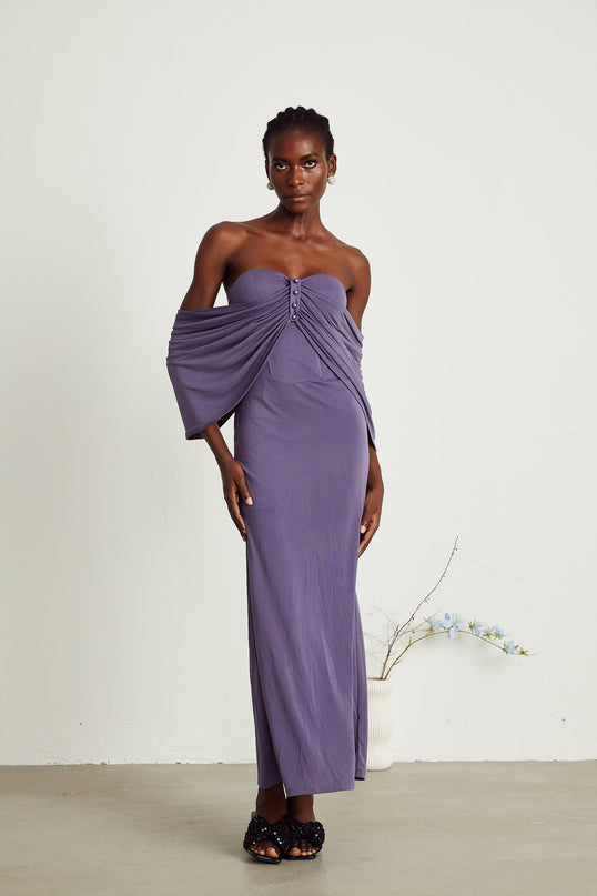 Letizia Purple Off-Shoulder Midi Dress with Ruched Embellishments