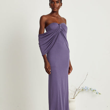 Letizia Purple Midi Dress with Off-Shoulder Allure and Ruched Embellishments