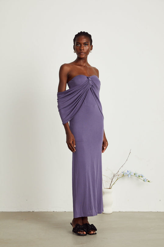 Letizia Purple Midi Dress with Off-Shoulder Allure and Ruched Embellishments