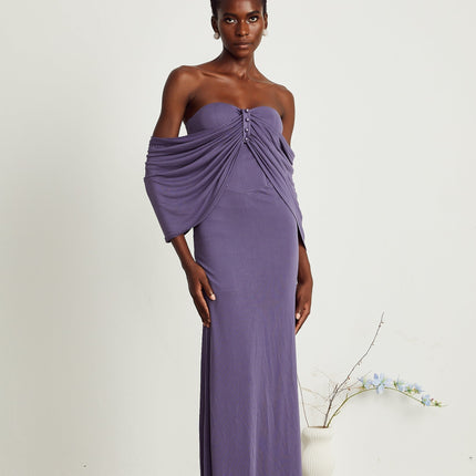 Letizia Purple Off-Shoulder Ruched Midi Dress with Button Accents and Zip Fastening