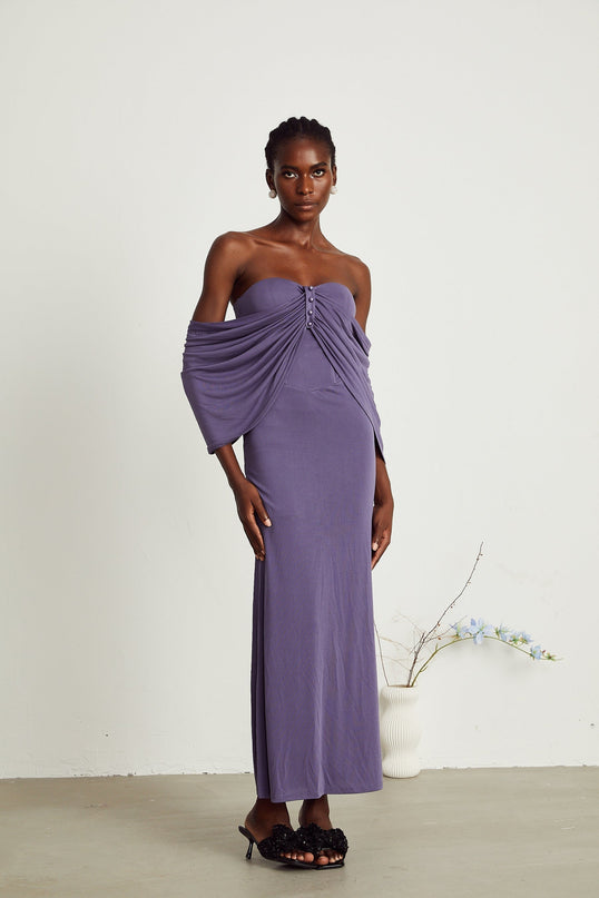 Letizia Purple Off-Shoulder Ruched Midi Dress with Button Accents and Zip Fastening