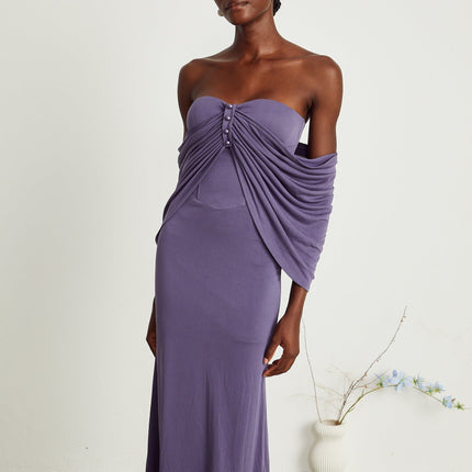 Letizia Purple Midi Dress with Off-Shoulder Allure and Ruched Embellishments