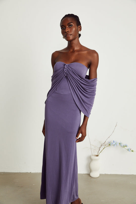 Letizia Purple Midi Dress with Off-Shoulder Allure and Ruched Embellishments