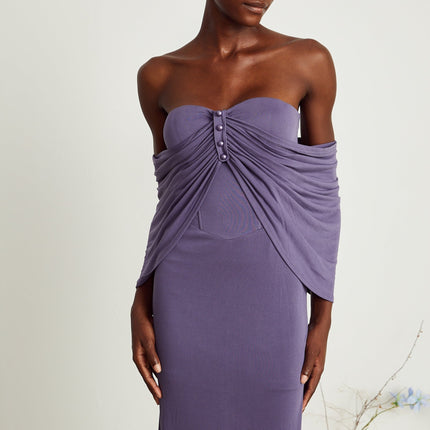 Letizia Purple Off-Shoulder Midi Dress with Ruched Embellishments and Button Accents