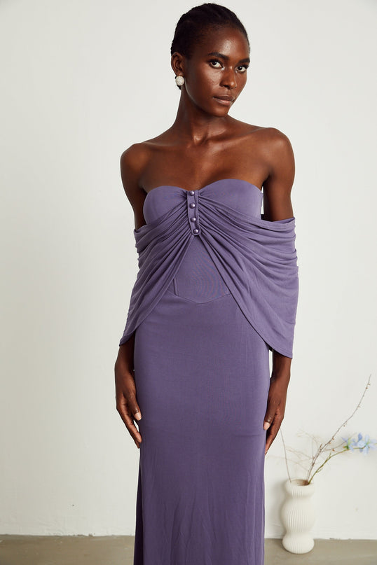 Letizia Purple Off-Shoulder Midi Dress with Ruched Embellishments and Button Accents