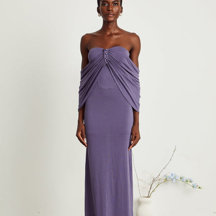 Letizia Purple Off-Shoulder Ruched Midi Dress with Button Accents and Zip Fastening