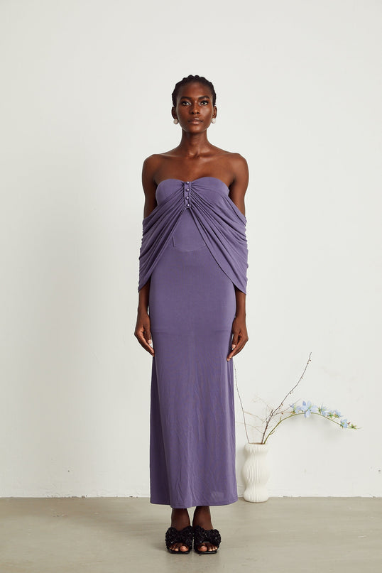 Letizia Purple Off-Shoulder Ruched Midi Dress with Button Accents and Zip Fastening