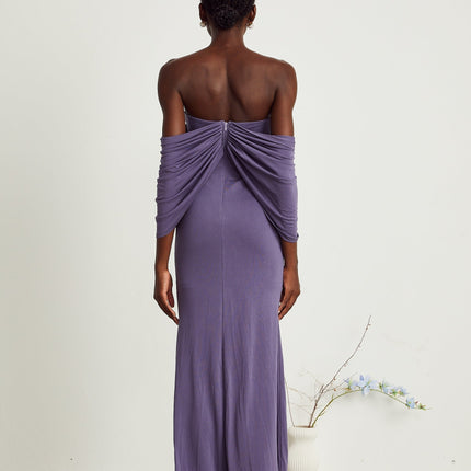 Letizia Purple Off-Shoulder Ruched Midi Dress with Button Accents and Zip Fastening